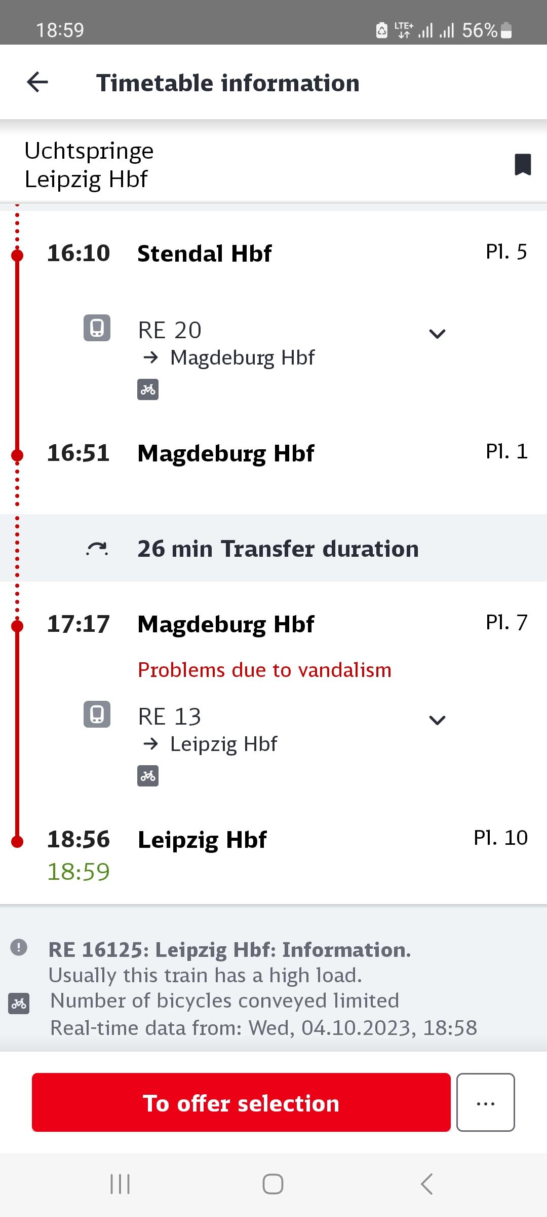 DB App showing the delay for my journey from Uchtspringer to Leipzg